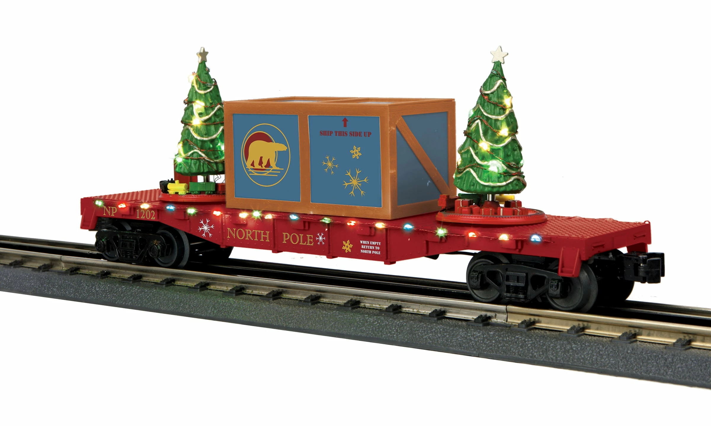 MTH 30-76825 O North Pole RailKing Flatcar With Lighted Christmas Trees 3 MTH 30-76825 O North Pole RailKing Flatcar With Lighted Christmas Trees