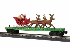 MTH 30-76741 O Christmas Flat Car W/ LED Lights, Santa Sleigh & Reindeer #122518